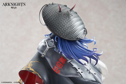 From the popular smartphone game "Arknights" Ch'en has been turned into 1/7 Scale figure wearing her special outfit "Ten Thousand Mountains"! Her flowing blue hair has been finely sculpted, and her distinctive outfit has been faithfully recreated from the illustration using clear parts. In addition, the paint of the patterns and decorations has been carefully crafted to give it a metallic feel, resulting in a gorgeous finish.