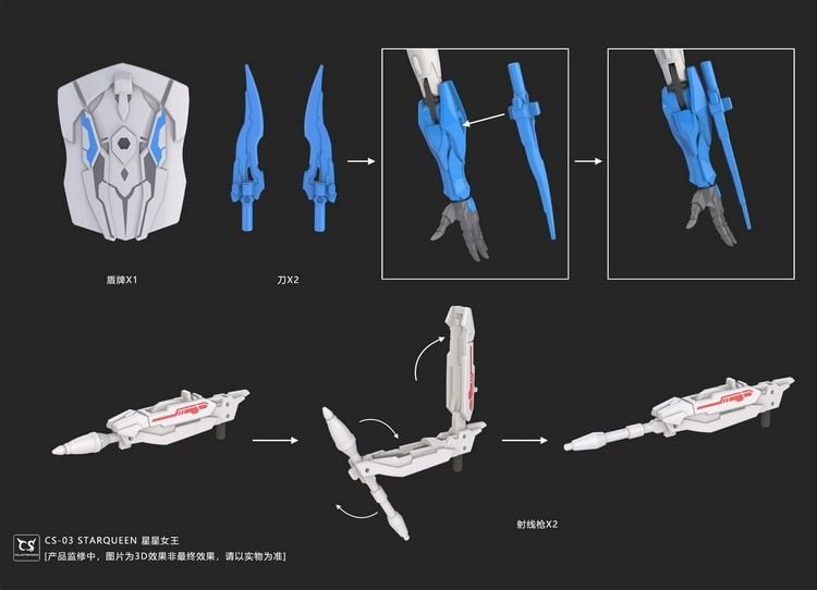 Expand your action figure collection with the CS-03 Starqueen figure by Collection Space. This figure is over 7 inches tall and comes with additional parts and accessories to customize your figure. The figure is able to convert from a humanoid mode into vehicle mode. Be sure to add this figure to your collection!