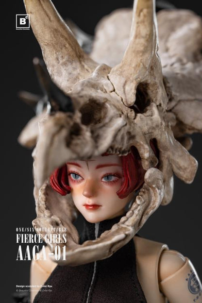 Beautiful Chemistry and artist Entei Ryu have teamed up to create the Fierce Girls Series Bone Girl (Triceratops) 1/6 scale figure.  The figure features a woman wearing a black mini-dress, black elbow-length gloves, as well as a triceratops skull and a long bone tail. She is also wearing thigh-length silver armored boots and comes with a bone-handled umbrella, metal chain and dinosaur charms. 