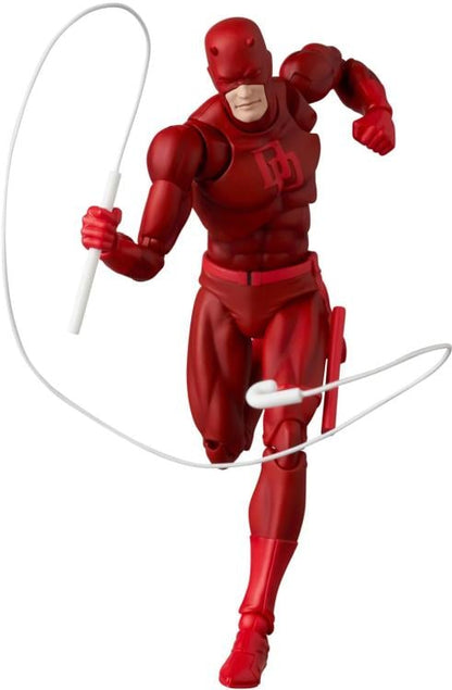 From Marvel's Daredevil comic books, Daredevil has arrived in the MAFEX action figure series by Medicom! This completely new Daredevil comic action figure comes with three interchangeable heads (neutral, angry and yelling), plus interchangeable hands to cover just about any situation! A set of wired billy clubs come with to enact your favorite scenes from the comics or to envision your own. Become the guardian of Hell's Kitchen and order your figure today!