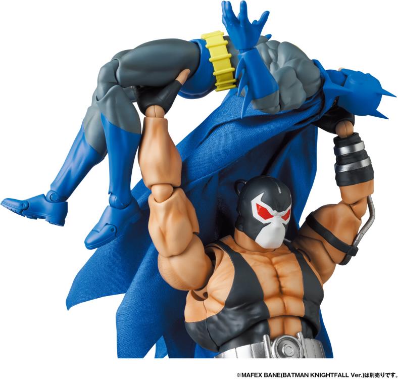 Based on the Batman: Knightfall storyline from DC Comics, this MAFEX Batman action figure is highly articulated with several features and accessories. Batman features a poseable wired fabric cape and 3 head portraits.  Bane figure sold separately