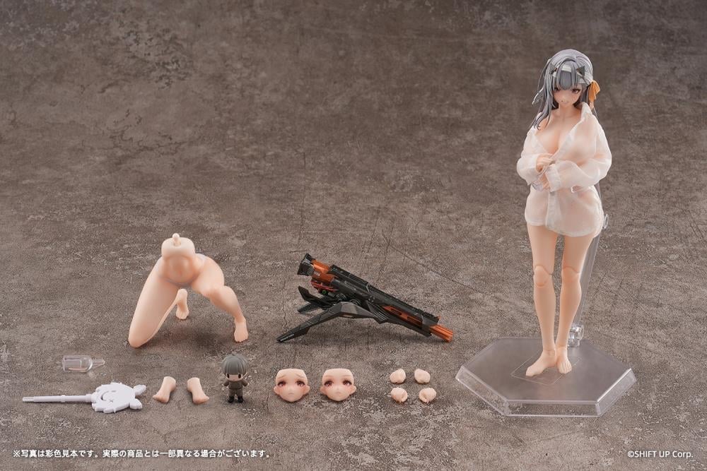 From the popular smartphone game Goddess of Victory: Nikke, Modernia: First Encounter is now available as an action figure! 

This 1/12 scale Modernia figure comes with interchangeable faces (happy, sad, and expressionless) all of which feature movable eyeballs. The figure is fully posable and features a fine gradation painting all over to carefully replicate her skin tone.