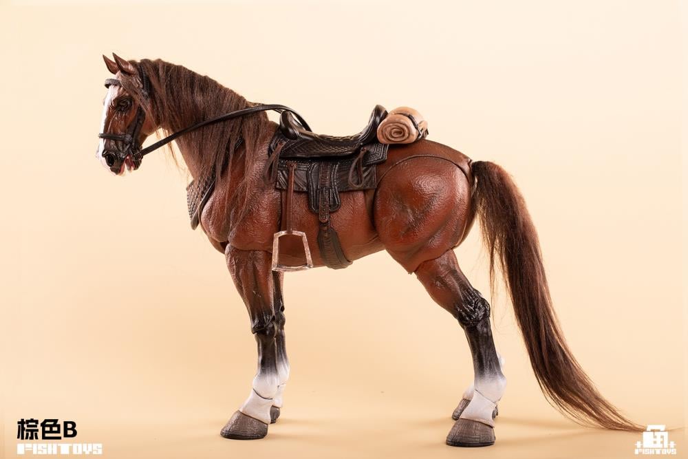 Fish Toys is proud to present a new entry in their Wilderness Series that will add some horsepower to your 1/12 collection: the Horse (Basic B Ver.)! Equipped with a full saddle, this figure includes 24 movable joints and includes a closed-mouth head sculpt with hairy lower legs. Don't miss out on adding this figure to your collection and ride off into the sunset!  Other figures shown not included (sold separately)