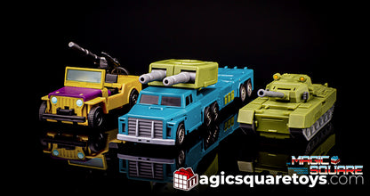 Simplicity is the ultimate sophistication, as Magic Square’s design progresses, the Night Tracer release is arguably the smoothest transformation yet! The MS-B53 Night Tracer can convert between robot form and truck form and comes with additional weapons and other accessories for more dynamic display opportunities.  Other figures shown not included