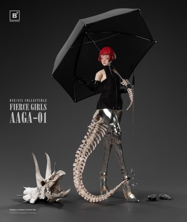 Beautiful Chemistry and artist Entei Ryu have teamed up to create the Fierce Girls Series Bone Girl (Triceratops) 1/6 scale figure.  The figure features a woman wearing a black mini-dress, black elbow-length gloves, as well as a triceratops skull and a long bone tail. She is also wearing thigh-length silver armored boots and comes with a bone-handled umbrella, metal chain and dinosaur charms. 