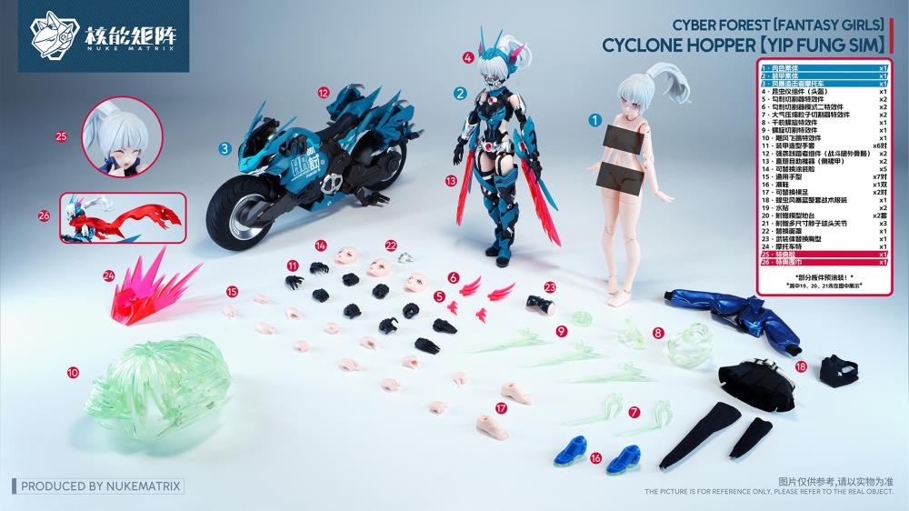 Nuke Matrix proudly presents the next model kit in the Cyber Forest Fantasy Girls series, Cyclone Hopper Yip Fung Sim!

Between the Cyber ​​Forest and the Frosty Wasteland lies another vast jungle, a tranquil sea of ​​trees. Here, the armored locust race, born with an innate affinity for the wind element, thrives, guided by the wind. In ancient times, a genius within the race created a highly mobile suit called the "Storm Chaser."