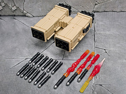 Upgrade the weaponry of your Action Force figures with this Vanguard Missile Launcher accessory set. This set can fit into the hatch of the Vanguard 1/12 scale vehicle and features 12 individual missiles, missile blast effects of different sizes, and a blast effect for the rear of the launcher.