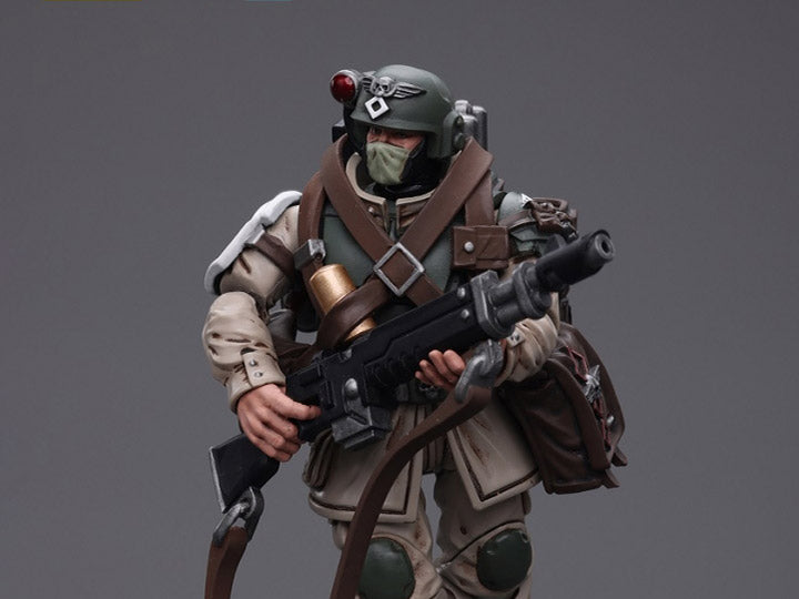 This is a 1/18 scale highly detailed, articulated figure based on Warhammer 40k's Cadian Command Squad Veteran with Medi-pack of the Astra Militarum. The Cadian Command figure stands nearly 6 inches tall and comes with several interchangeable parts and accessories, opening the door to many different and unique display opportunities.