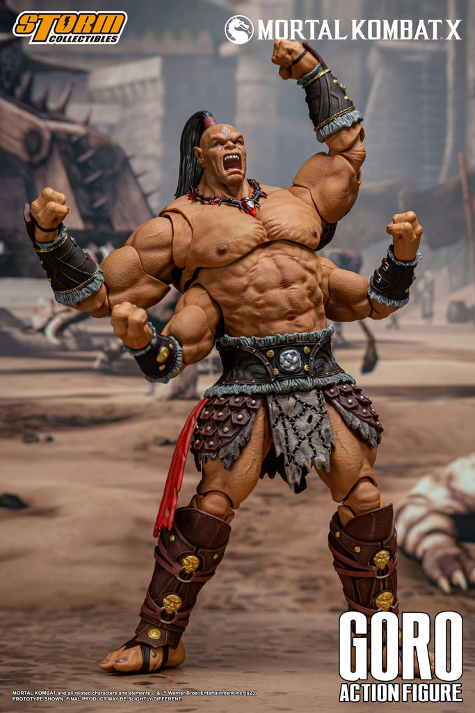 Prince GORO has brought much honor to the Shokan race by serving Shao Kahn. His bloody achievements include crushed rebellions and conquered provinces. During the past 500 years he has been celebrated for winning the last nine Mortal Kombat tournaments for Outworld. Should he defeat Earthrealm's champion this time, he will become more than legendary. His victory is assured. There are none in Earthrealm who can withstand the might of Goro.