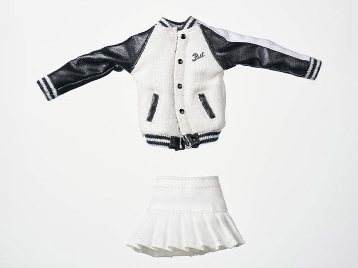 This black and white baseball jacket & white skirt 1/12 scale outfit set is perfect for any customizer wanting to give their figure a great look. This set is perfect for your 1/12 to 1/10 scale figures!  Other clothing pieces and figures not included