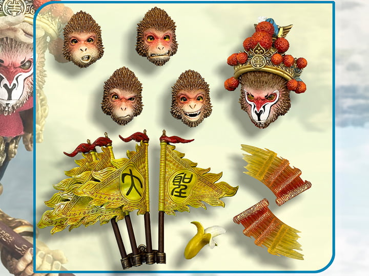 Inspired by the legendary Chinese novel Journey to the West, this Sun Wukong (Great Sage Equal to Heaven) accessory pack is here to add some depth to your 1/12 scale collection! Included in this pack are five additonal heads, a banana, war banners and attack effects for Sun Wukong's staff. Order yours today!  Sun Wukong (Great Sage Equal to Heaven) figure shown not included (sold separately)