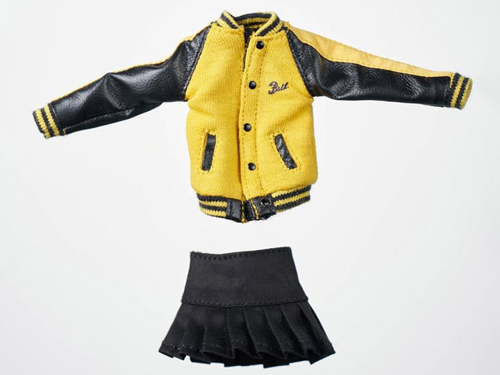 This yellow and black baseball jacket and black skirt 1/12 Scale outfit set is perfect for any customizer wanting to give their figure a great look. This set is perfect for your 1/12 to 1/10 scale figures!  Other clothing pieces and figures not included