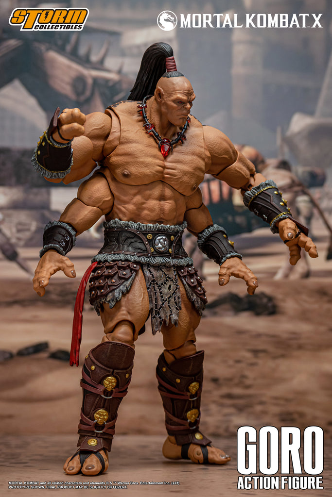 Prince GORO has brought much honor to the Shokan race by serving Shao Kahn. His bloody achievements include crushed rebellions and conquered provinces. During the past 500 years he has been celebrated for winning the last nine Mortal Kombat tournaments for Outworld. Should he defeat Earthrealm's champion this time, he will become more than legendary. His victory is assured. There are none in Earthrealm who can withstand the might of Goro.