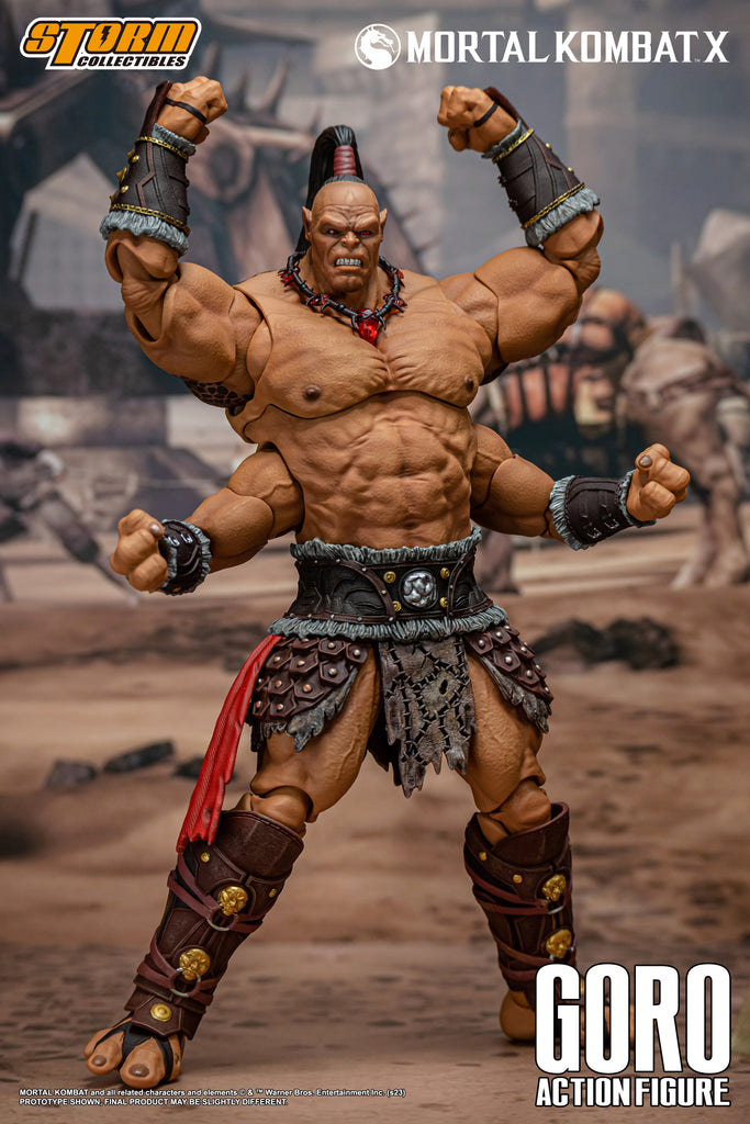 Prince GORO has brought much honor to the Shokan race by serving Shao Kahn. His bloody achievements include crushed rebellions and conquered provinces. During the past 500 years he has been celebrated for winning the last nine Mortal Kombat tournaments for Outworld. Should he defeat Earthrealm's champion this time, he will become more than legendary. His victory is assured. There are none in Earthrealm who can withstand the might of Goro.