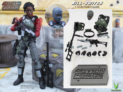 Valaverse is excited to introduce Kill-Switch to the premium action figure line, Action Force. Kill-Switch features over 30 points of articulation, multiple accessories, and an Action Force display stand to place her anywhere.