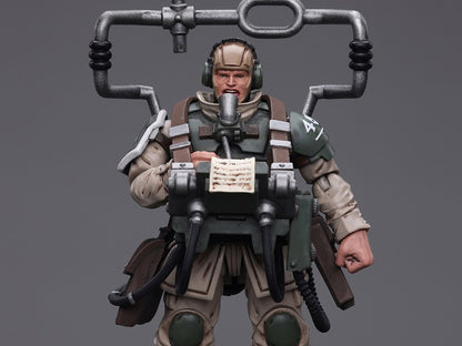 This is a 1/18 scale highly detailed, articulated figure based on Warhammer 40k's Cadian Command Squad Veteran with Master Vox of the Astra Militarum. The Cadian Command figure stands nearly 6 inches tall and comes with several interchangeable parts and accessories, opening the door to a plethora of different and unique display opportunities.