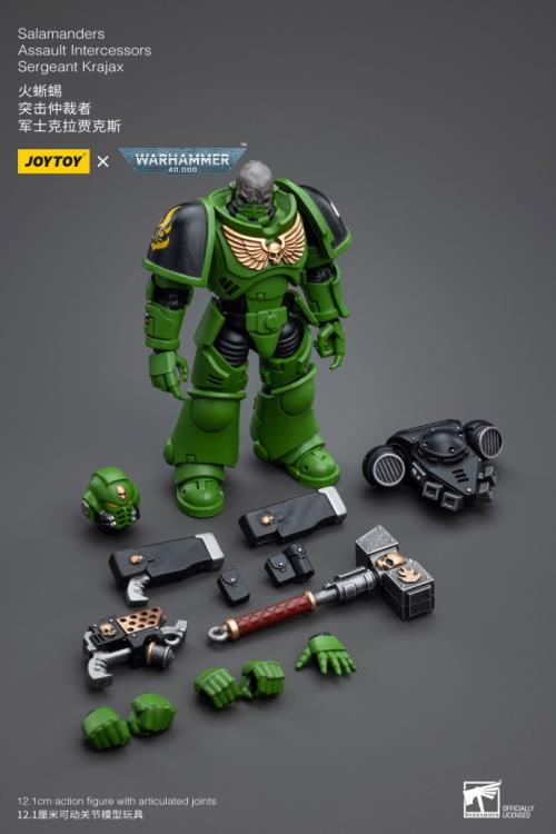 Hailing from a volcanic and unstable world, the Space Marine Chapter of the Salamanders take great care to avoid human casualties during their wars against Chaos. Deeply embedded in the Promeathan Cult, these warriors hone their skills to a lethal edge to protect Humanity. Each figure typically includes interchangeable hands and weapon accessories and stands between 4" and 6" tall. Sergeant Krajax leads his men into the fray as many times as it takes to complete the mission, regardless of casualties.