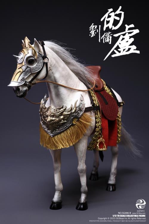 Crush the invading enemies as you defend your homeland with this Liu Bei Xuande figure by 303 Toys! Featuring multiple weapons and accessories, this 1/12 scale figure will be a perfect addition for any collector. Order yours today!  The Battlefield Version of this figure includes a war banner and horse for your warrior to ride on.