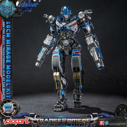 Yolopark is proud to present a new entry in their AMK PRO model kit line: Mirage from the hit film Transformers: Rise of the Beasts has arrived! 

Standing just over 6 inches tall, the proportions and color scheme faithfully recreate the image of Mirage from the Transformers: Rise of the Beasts blockbuster film. The lines of assembled parts are clean and sleek, creating a compelling visual effect. The model kit has been meticulously designed and includes weathering effects and textures to bring the model to