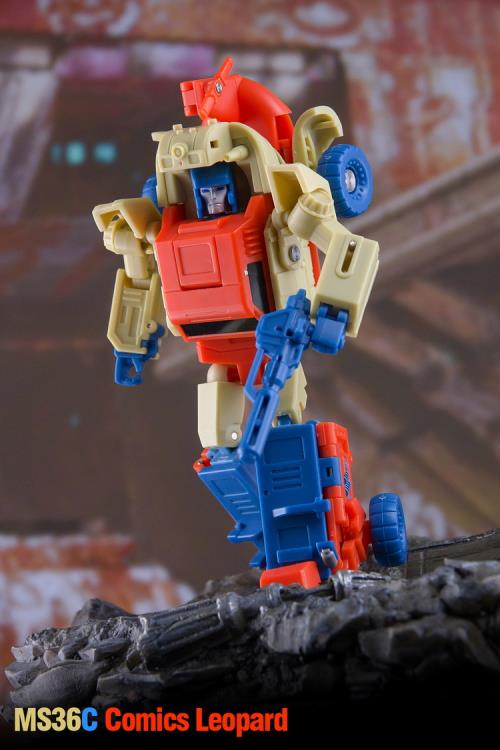 This MS-36C Comics Leopard figure can convert between three modes; robot, helicopter, and off-road vehicle. When in robot mode, the figure is fully articulated and features a blaster weapon.