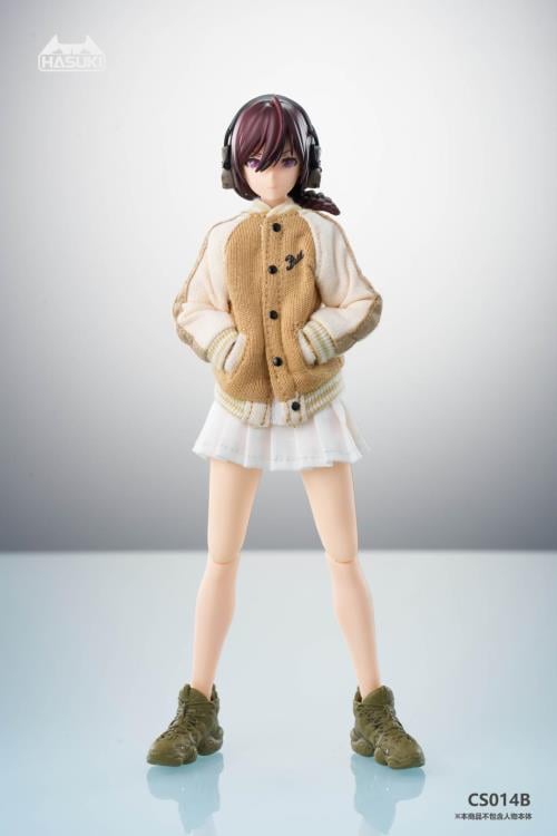 This beige baseball jacket and white skirt 1/12 Scale outfit set is perfect for any customizer wanting to give their figure a great look. This set is perfect for your 1/12 to 1/10 scale figures!  Other clothing pieces and figures not included