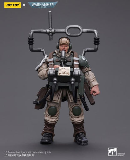 This is a 1/18 scale highly detailed, articulated figure based on Warhammer 40k's Cadian Command Squad Veteran with Master Vox of the Astra Militarum. The Cadian Command figure stands nearly 6 inches tall and comes with several interchangeable parts and accessories, opening the door to a plethora of different and unique display opportunities.