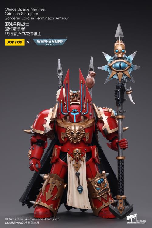 Joy Toy brings Warhammer 40k's Crimson Slaughter Sorcerer Lord to life with this 1/18 scale action figure. Each figure contains interchangeable arms, weapons and a stand. The figure captures the essence of the character and his armor, and is made out of high-quality materials, durable enough for display or play.