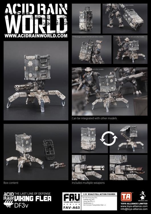 For the most part, the design of the Viking Flea DF3v has remained consistent with other Flea types - it’s scuttling drone legs already being well adapted to the snowy territory of the Tritans. However, the 55th Viking Shield Team were frustrated by its apparent lack of firepower against the rugged mountain marauders, so now the Viking Flea carries both a Gatling Gun as well as a Flamethrower which can be easily interchanged. Handily, the Flea also carries a Anti-Corrosion Transportation Rack for attaching 