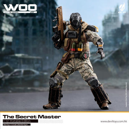 From Devil Toys comes a new line of War of Order figures, this time in 1/12 scale.  This Secret Master action figure is decked out in a green and brown camo outfit with tactical armor, including knee and shin armor, a bulletproof vest, and a scarf. The figure comes with a tactical belt, smoke grenades, a knife, a pistol, and an assault rifle.  Secret Trooper figure shown not included (sold separately)