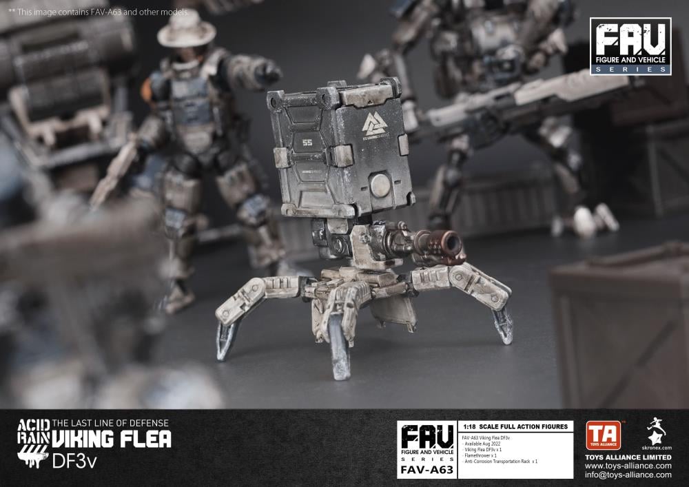 For the most part, the design of the Viking Flea DF3v has remained consistent with other Flea types - it’s scuttling drone legs already being well adapted to the snowy territory of the Tritans. However, the 55th Viking Shield Team were frustrated by its apparent lack of firepower against the rugged mountain marauders, so now the Viking Flea carries both a Gatling Gun as well as a Flamethrower which can be easily interchanged. Handily, the Flea also carries a Anti-Corrosion Transportation Rack for attaching 