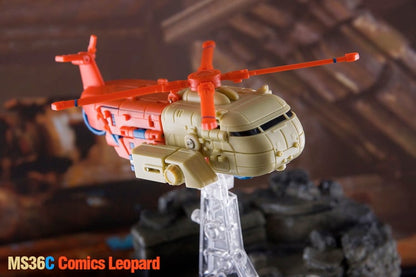 This MS-36C Comics Leopard figure can convert between three modes; robot, helicopter, and off-road vehicle. When in robot mode, the figure is fully articulated and features a blaster weapon.