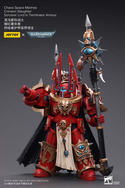 Joy Toy brings Warhammer 40k's Crimson Slaughter Sorcerer Lord to life with this 1/18 scale action figure. Each figure contains interchangeable arms, weapons and a stand. The figure captures the essence of the character and his armor, and is made out of high-quality materials, durable enough for display or play.