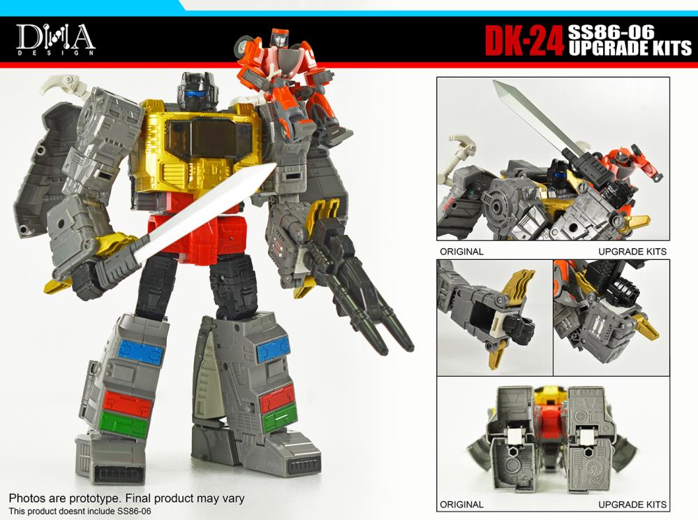 Please note: This aftermarket accessory piece is not produced or associated with Hasbro or Takara and is not a Transformers brand toy. These custom pieces are intended to further enhance the enjoyment of your existing Transformers collection.  The DK-24 Upgrade Kit contains several new parts for the separately sold Studio Series 86-06 Leader Grimlock & Wheelie. The extra parts do no interfere with the transformation, so there is no need to dismantle the figure. 