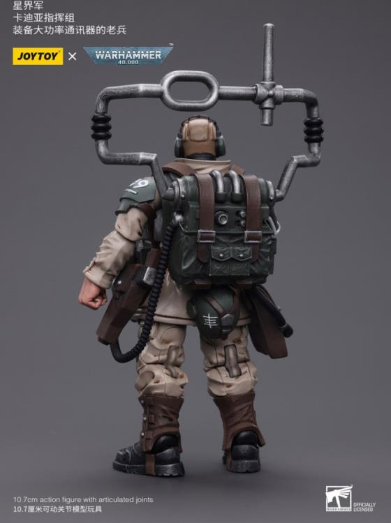 This is a 1/18 scale highly detailed, articulated figure based on Warhammer 40k's Cadian Command Squad Veteran with Master Vox of the Astra Militarum. The Cadian Command figure stands nearly 6 inches tall and comes with several interchangeable parts and accessories, opening the door to a plethora of different and unique display opportunities.