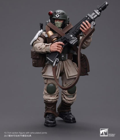 This is a 1/18 scale highly detailed, articulated figure based on Warhammer 40k's Cadian Command Squad Veteran with Medi-pack of the Astra Militarum. The Cadian Command figure stands nearly 6 inches tall and comes with several interchangeable parts and accessories, opening the door to many different and unique display opportunities.