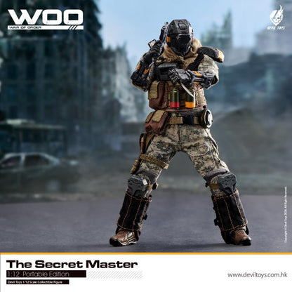 From Devil Toys comes a new line of War of Order figures, this time in 1/12 scale.  This Secret Master action figure is decked out in a green and brown camo outfit with tactical armor, including knee and shin armor, a bulletproof vest, and a scarf. The figure comes with a tactical belt, smoke grenades, a knife, a pistol, and an assault rifle.  Secret Trooper figure shown not included (sold separately)