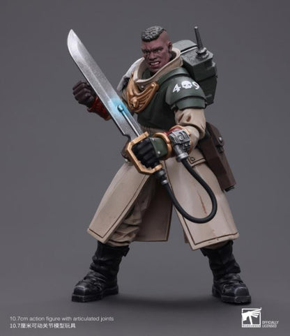 This is a 1/18 scale highly detailed, articulated figure based on Warhammer 40k's Cadian Command Squad Commander with Power Sword of the Astra Militarum. The Cadian Command figure stands nearly 6 inches tall and comes with several interchangeable parts and accessories, opening the door to a plethora of different and unique display opportunities.