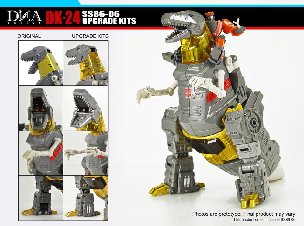 Please note: This aftermarket accessory piece is not produced or associated with Hasbro or Takara and is not a Transformers brand toy. These custom pieces are intended to further enhance the enjoyment of your existing Transformers collection.  The DK-24 Upgrade Kit contains several new parts for the separately sold Studio Series 86-06 Leader Grimlock & Wheelie. The extra parts do no interfere with the transformation, so there is no need to dismantle the figure. 