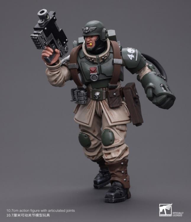 This is a 1/18 scale highly detailed, articulated figure based on Warhammer 40k's Cadian Command Squad Veteran Sergeant with Power Fist of the Astra Militarum. The Cadian Command figure stands nearly 6 inches tall and comes with several interchangeable parts and accessories, opening the door to a plethora of different and unique display opportunities.