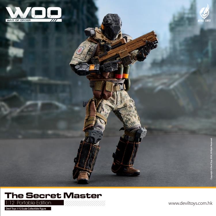 From Devil Toys comes a new line of War of Order figures, this time in 1/12 scale.  This Secret Master action figure is decked out in a green and brown camo outfit with tactical armor, including knee and shin armor, a bulletproof vest, and a scarf. The figure comes with a tactical belt, smoke grenades, a knife, a pistol, and an assault rifle.  Secret Trooper figure shown not included (sold separately)