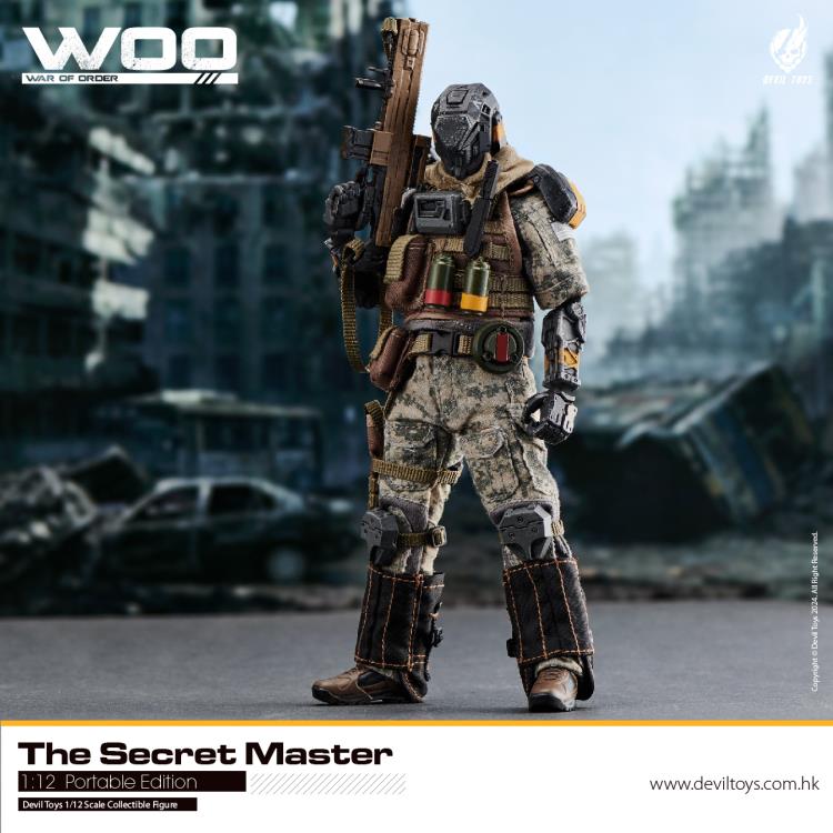 From Devil Toys comes a new line of War of Order figures, this time in 1/12 scale.  This Secret Master action figure is decked out in a green and brown camo outfit with tactical armor, including knee and shin armor, a bulletproof vest, and a scarf. The figure comes with a tactical belt, smoke grenades, a knife, a pistol, and an assault rifle.  Secret Trooper figure shown not included (sold separately)