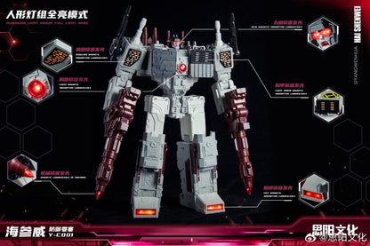 From SiYang Culture comes the Y-C001 Defense Fortress Vladivostok.

The figure stands over 17 inches tall in robot form and features 20 points of articulation. It also includes LED lights throughout the body. 

Vladivostok can convert from robot mode to fortress carrier mode and then to base mode. The figure also comes with a pair of blaster accessories.
