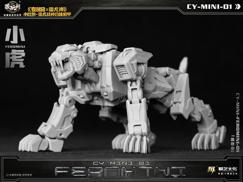 The CY-Mini-01 Feromini converts into a cat-like creature from a robot. Feromini stands about 3.75 inches tall in robot mode and comes with a blaster and sword for weapons.