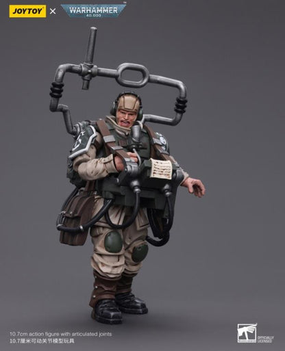 This is a 1/18 scale highly detailed, articulated figure based on Warhammer 40k's Cadian Command Squad Veteran with Master Vox of the Astra Militarum. The Cadian Command figure stands nearly 6 inches tall and comes with several interchangeable parts and accessories, opening the door to a plethora of different and unique display opportunities.
