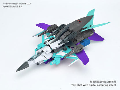 From Fans Hobby comes the Master Builder MB-24A Dark Strike converting robot. This robot features a green, blue, purple, and gray color scheme and can convert into a jet. This highly detailed Dark Strike figure will be a terrific addition to any collection.