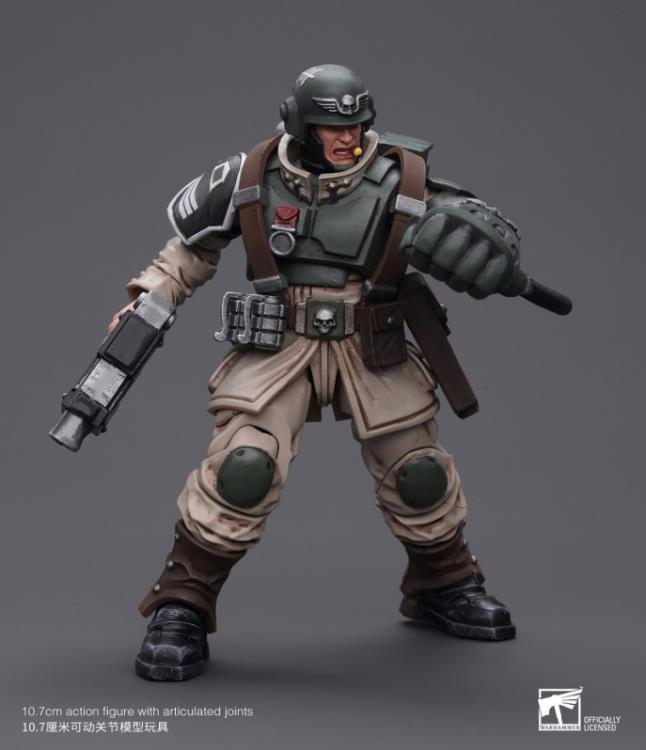 This is a 1/18 scale highly detailed, articulated figure based on Warhammer 40k's Cadian Command Squad Veteran Sergeant with Power Fist of the Astra Militarum. The Cadian Command figure stands nearly 6 inches tall and comes with several interchangeable parts and accessories, opening the door to a plethora of different and unique display opportunities.