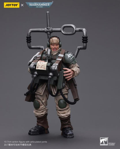 This is a 1/18 scale highly detailed, articulated figure based on Warhammer 40k's Cadian Command Squad Veteran with Master Vox of the Astra Militarum. The Cadian Command figure stands nearly 6 inches tall and comes with several interchangeable parts and accessories, opening the door to a plethora of different and unique display opportunities.