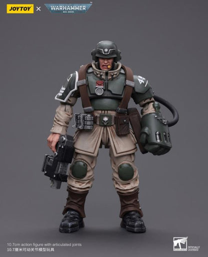 This is a 1/18 scale highly detailed, articulated figure based on Warhammer 40k's Cadian Command Squad Veteran Sergeant with Power Fist of the Astra Militarum. The Cadian Command figure stands nearly 6 inches tall and comes with several interchangeable parts and accessories, opening the door to a plethora of different and unique display opportunities.