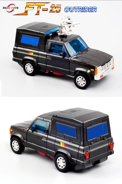 Outrider stands 8.25” tall in robot mode and transforms into a satellite truck. Outrider features several parts made of die-cast and real rubber tires.