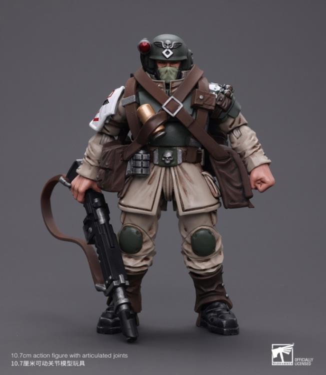 This is a 1/18 scale highly detailed, articulated figure based on Warhammer 40k's Cadian Command Squad Veteran with Medi-pack of the Astra Militarum. The Cadian Command figure stands nearly 6 inches tall and comes with several interchangeable parts and accessories, opening the door to many different and unique display opportunities.